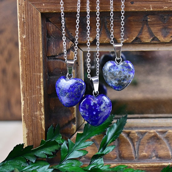 Small 16mm Lapis Lazuli Heart Necklace, Silver Gemstone Necklace, Layering Statement Necklace (EPJ-NW20ABD35)