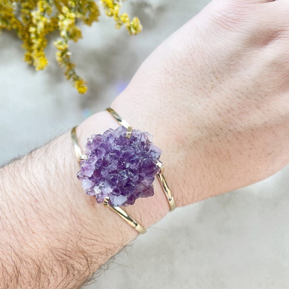 Gold Amethyst Flower Druzy Arc Cuff Bracelet (EPJ-BCCA14-1)