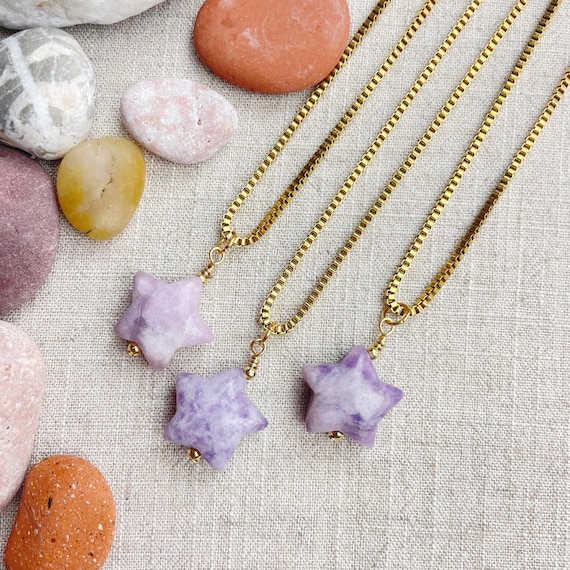 Lepidolite Star Bead Pendant Gold Necklace (EPJ-N3AA11-LP)