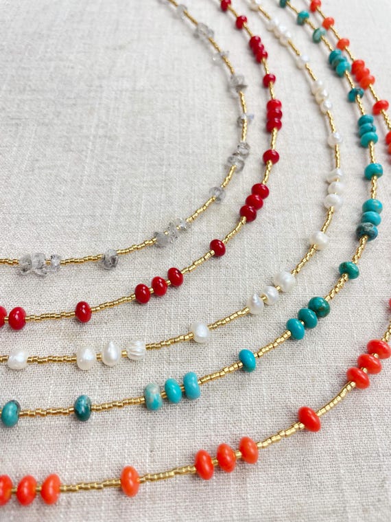 NYRA// Turquoise, Coral, Pearl, Herkimer Beaded Delicate Necklace (EPJ-NSD17)