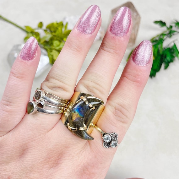 Gold Labradorite Crescent Moon Statement Cuff Ring (EPJ-RCB26-4)