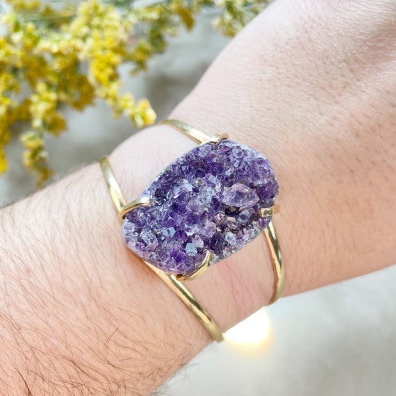 Gold Amethyst Druzy Arc Cuff Bracelet (EPJ-BCCA17-2)