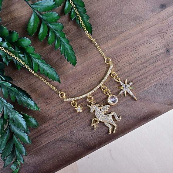 Pegasus Multi Charm Necklace, Crystal Shell Starfish Pendant Necklace, Gold Layering Charm Necklace (EPJ-NMA10BBB12)