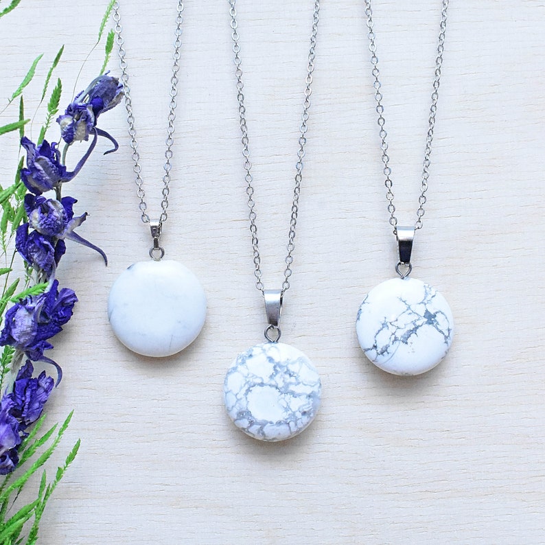 Round 20mm White Howlite Necklace, Silver Gemstone Necklace, Layering Statement Necklace EPJ-NW20ADA15 image 9
