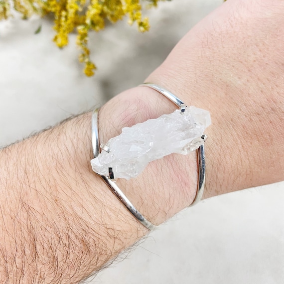 Silver Crystal Quartz Cluster Arc Cuff Bracelet (EPJ-BCCA10-S-4)