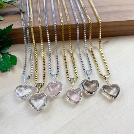 Mini Quartz Heart Necklace, Gold Gemstone Stone Charm Necklace, Layering Simple Necklace (EPJ-NAWA19)