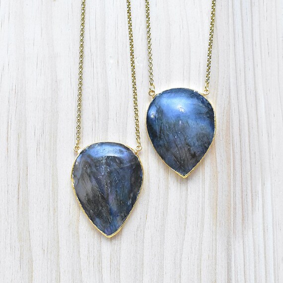 Labradorite Teardrop Necklace, Gold Gemstone Stone Charm Necklace, Layering Simple Necklace (EPJ-N20CAC10)