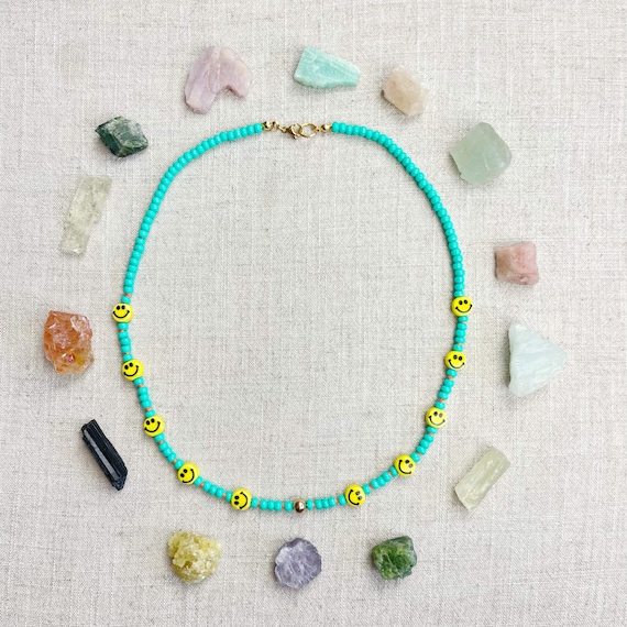 Groovie/// Aqua Ceramic Smiley Glass Beaded Layering Necklace (EPJ-NSB50-AQ)