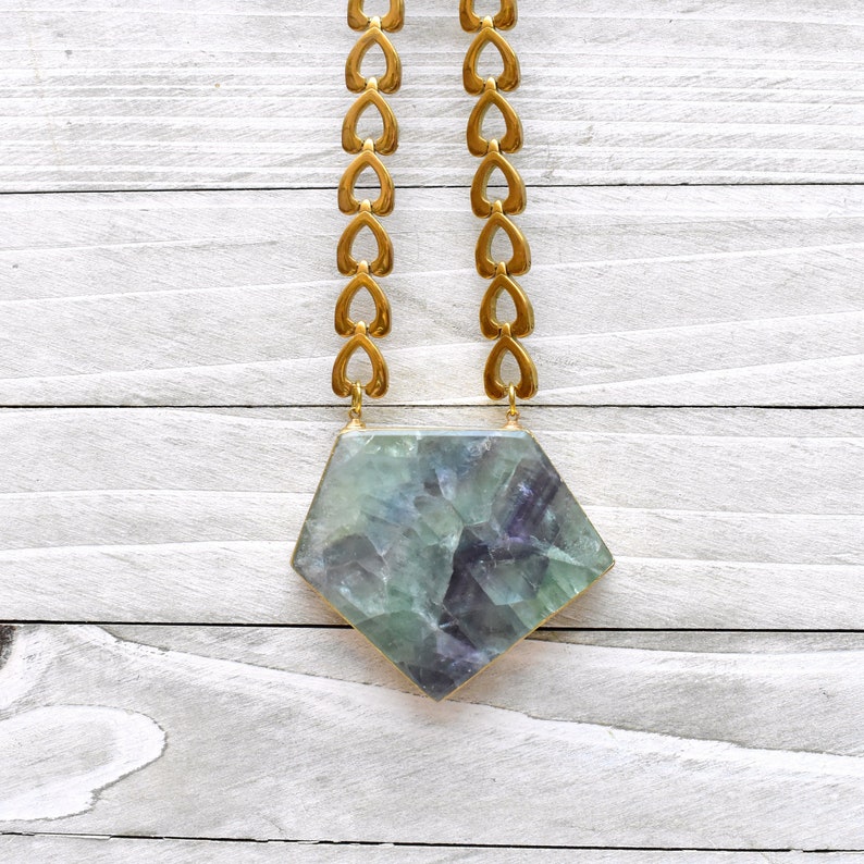 DEJ-N19NWD14 Eros Gold Plated Large Fluorite Stone Heart Chain Necklace