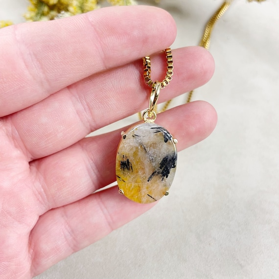 Gold Included Quartz Cabochon Prong Necklace (EPJ-NA25-7)