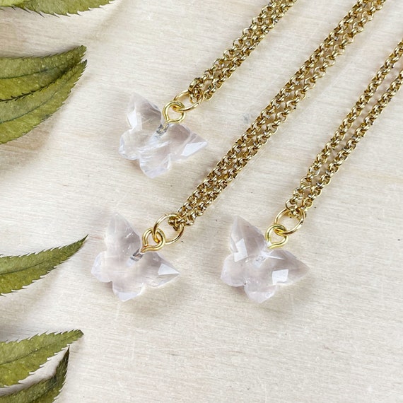 Gold Rose Quartz Faceted Butterfly Charm Necklace (EPJ-N24A28-RQ)