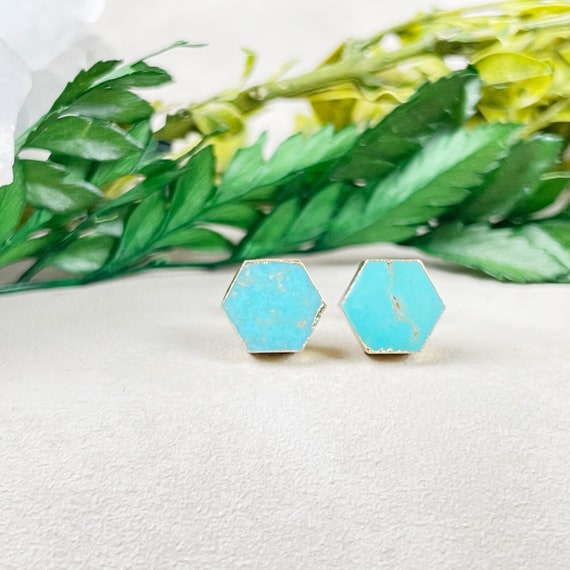 Gold Hexagon Turquoise Stud Earrings (EPJ-ESBB13)