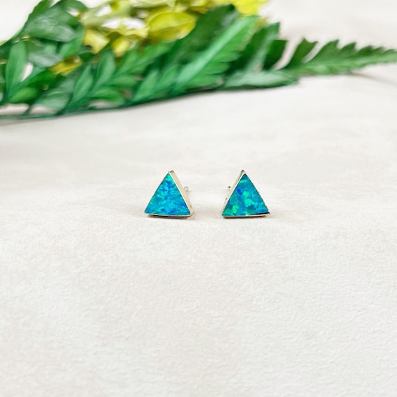 Blue Fire Opal Triangle Stud Earrings (EPJ-ES19OPL15)