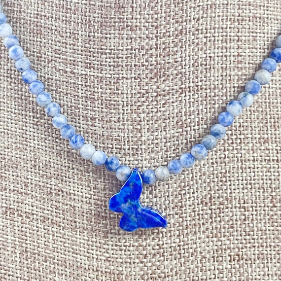 Mot// Lapis Lazuli Butterfly Sodalite Beaded Necklace (EPJ-NSBB10-SL)