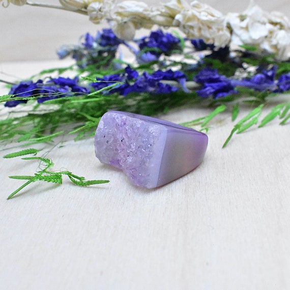 Purple Druzy Carved Ring, Gemstone Agate Ring, Statement Gem Ring, Natural Stone Chunky Large Ring Size 7 (EPJ-RC20CAA11-13)