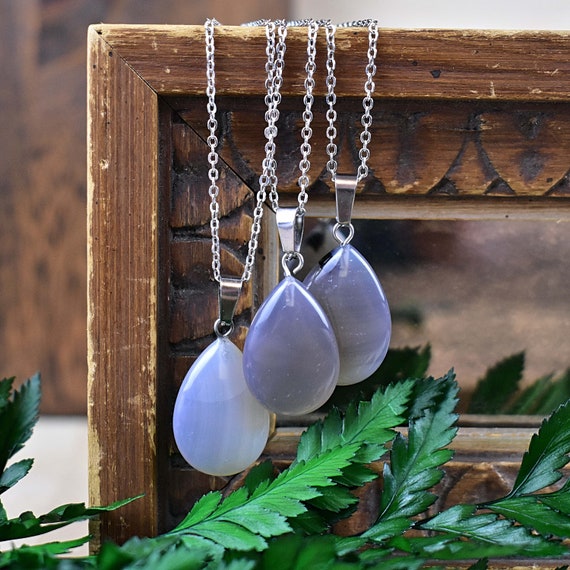 Grey Agate 16x24mm Teardrop Necklace, Silver Gemstone Necklace, Layering Statement Necklace (EPJ-NW20AAA27)