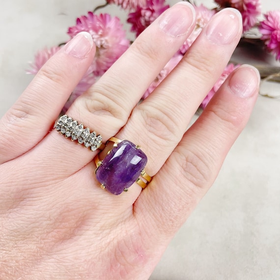 Gold Amethyst Rectangle Gemstone Adjustable Ring (EPJ-RTD16-6)