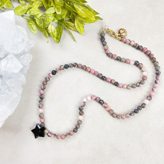 Stel// Black Agate Star Rhodonite Beaded Necklace (EPJ-NSBB11-RB)