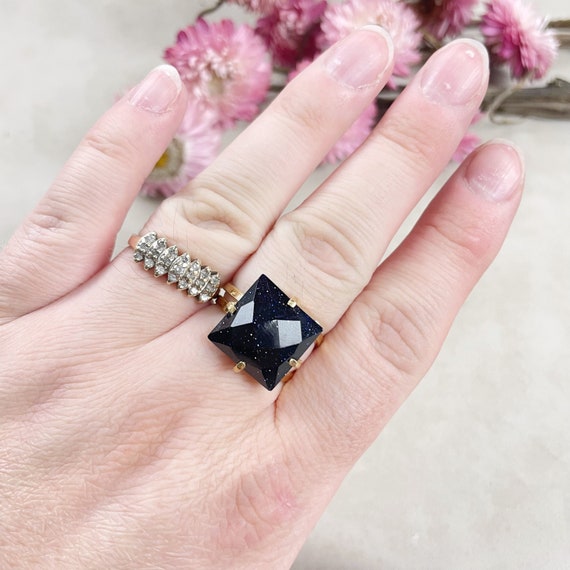 Gold Faceted Blue Goldstone Square Gemstone Adjustable Ring (EPJ-RTD19-9)