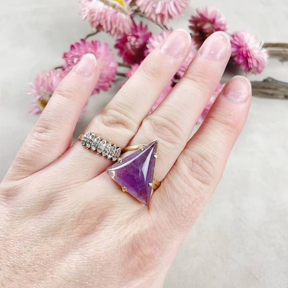 Gold Amethyst Triangle Gemstone Adjustable Ring (EPJ-RTD23-1)