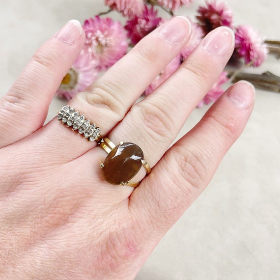 Gold Brown Agate Oval Gemstone Adjustable Ring (EPJ-RTD24-8)