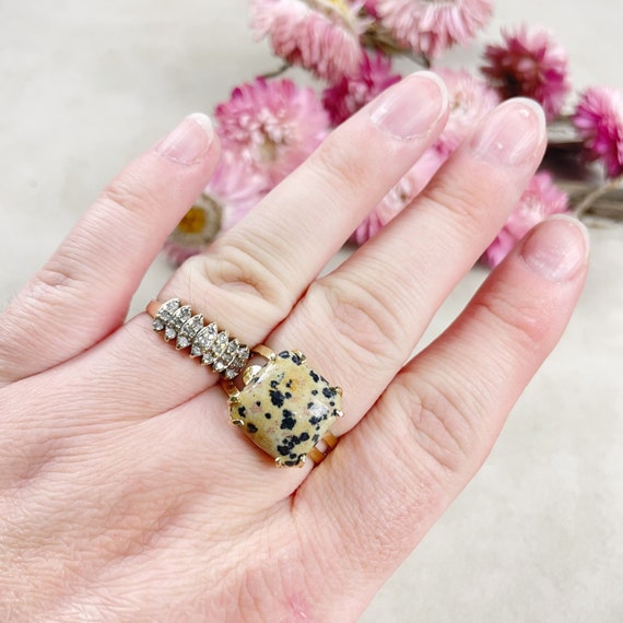 Gold Dalmatian Jasper Square Gemstone Adjustable Ring (EPJ-RTD20-1)