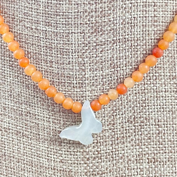 Mot//Grey Moonstone Butterfly Orange Aventurine Beaded Necklace (EPJ-NSBB10-OM)