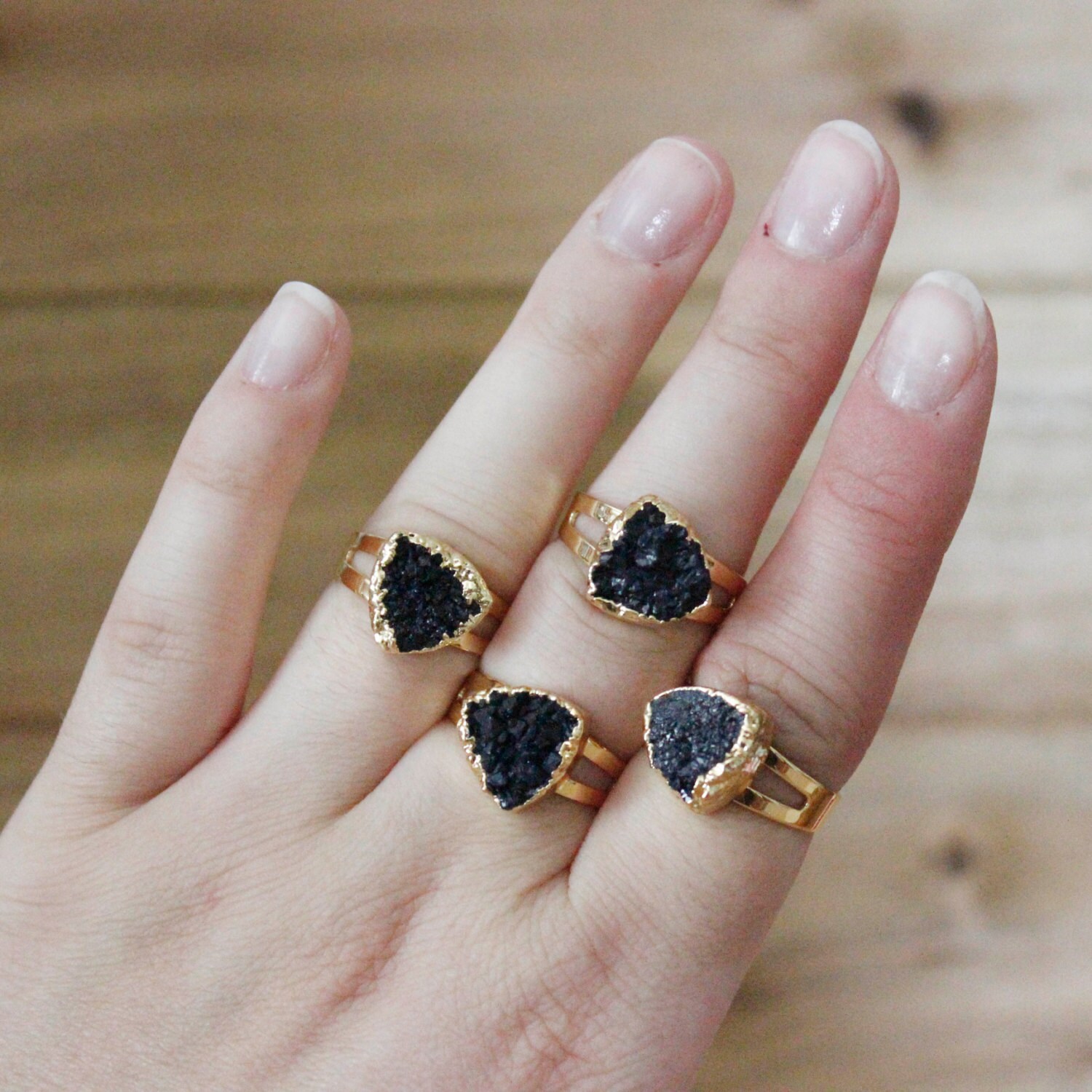 Black Gold Triangle Druzy Adjustable Ring/ Black Druzy Statement Natural Stone Ring/ Mineral Gem Agate Druzy Triangle Shape (RDD17-BK)