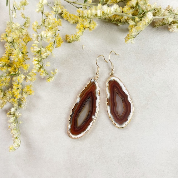 Gold Brown Agate Slice Dangle Earrings (EPJ-EL20AAA10-14)