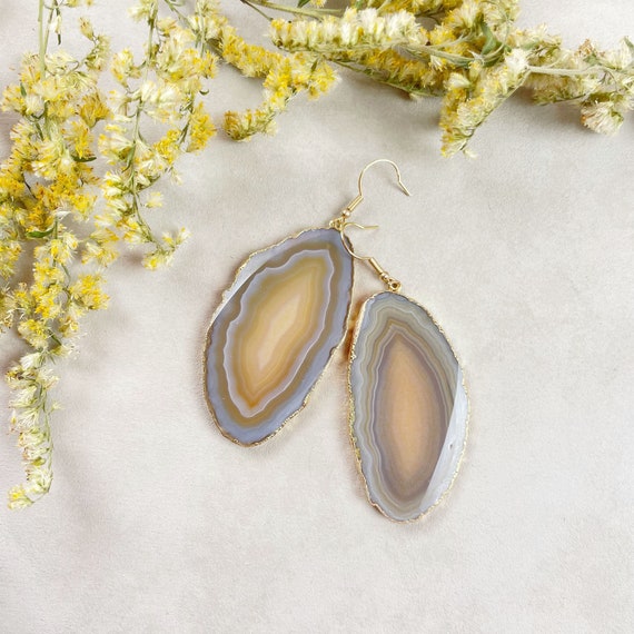 Gold Brown Agate Slice Dangle Earrings (EPJ-EL20AAA10-9)