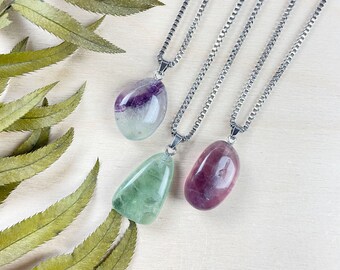 Silver Large Tumble Rainbow Fluorite Nugget Necklace (EPJ-N24A59)