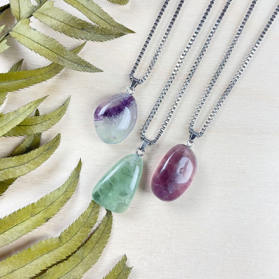 Silver Large Tumble Rainbow Fluorite Nugget Necklace (EPJ-N24A59)