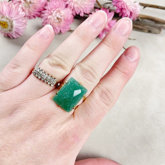 Gold Faceted Green Aventurine Rectangle Gemstone Adjustable Ring (EPJ-RTD12-12)