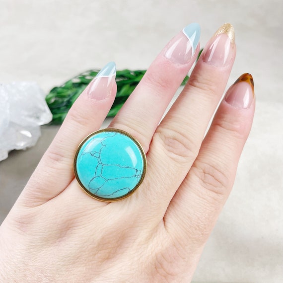 Gold Blue Magnesite Cabochon Stainless Steel Adjustable Ring (EPJ-RAB18-MG)