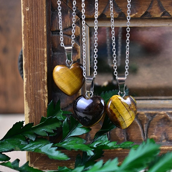 Small 16mm Tiger Eye Heart Necklace, Silver Gemstone Necklace, Layering Statement Necklace (EPJ-NW20ABD19)