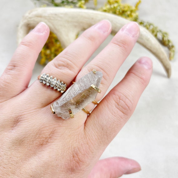 Gold Lemurian Smoky Quartz Statement Wire Ring (EPJ-RSD12-9)