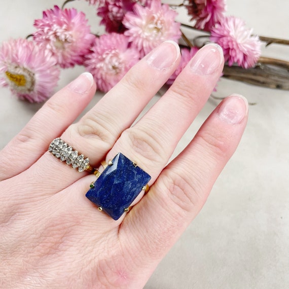 Gold Faceted Blue Aventurine Rectangle Gemstone Adjustable Ring (EPJ-RTD12-8)