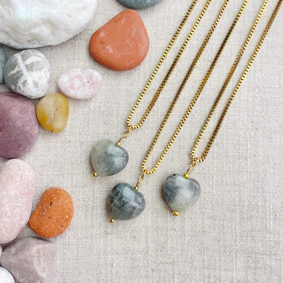 Labradorite Jade Heart Bead Pendant Gold Necklace (EPJ-N3AA10-LB)