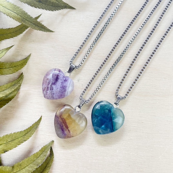 Small 20mm Rainbow Fluorite Heart Necklace, Silver Gemstone Necklace, Layering Statement Necklace (EPJ-N24A26)