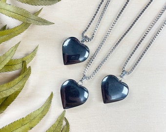 20mm Hematite Heart Necklace, Silver Gemstone Necklace, Layering Statement Necklace (EPJ-N24A66)
