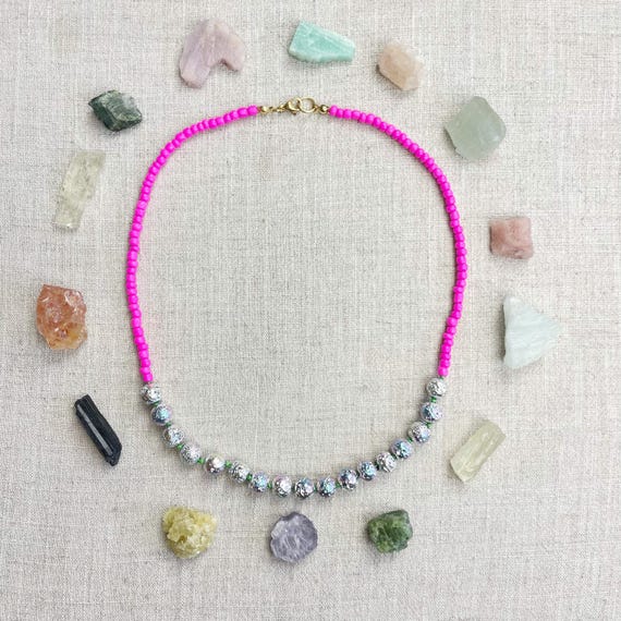 Disco/// Pink Shiny Lava Beaded Layering Necklace (EPJ-NSB51-PK)