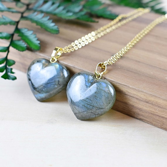 Labradorite Heart Necklace, Gold Gemstone Stone Charm Necklace, Layering Simple Necklace (EPJ-N20AAA10)