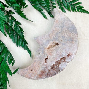 Pink Amethyst Moon Carving: Gemstone Crescent Moon with Face