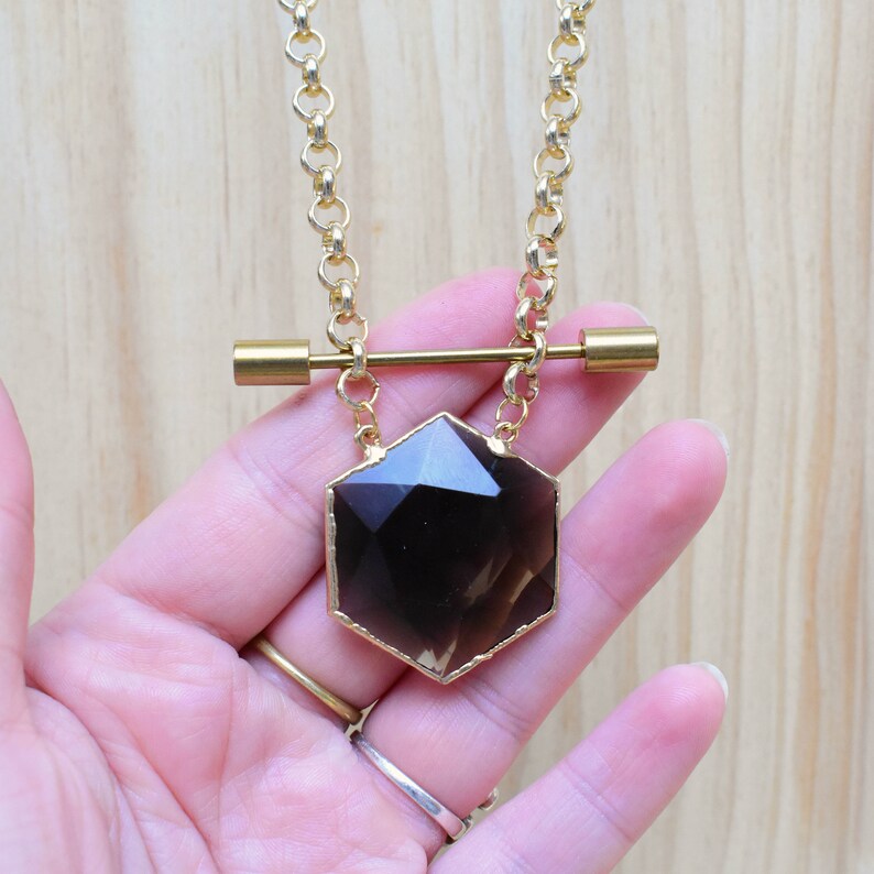 Gold Gemstone Necklace DEJ-NBA10-SQ Asteria Smoky Quartz Hexagon Necklace Statement Layering Necklace