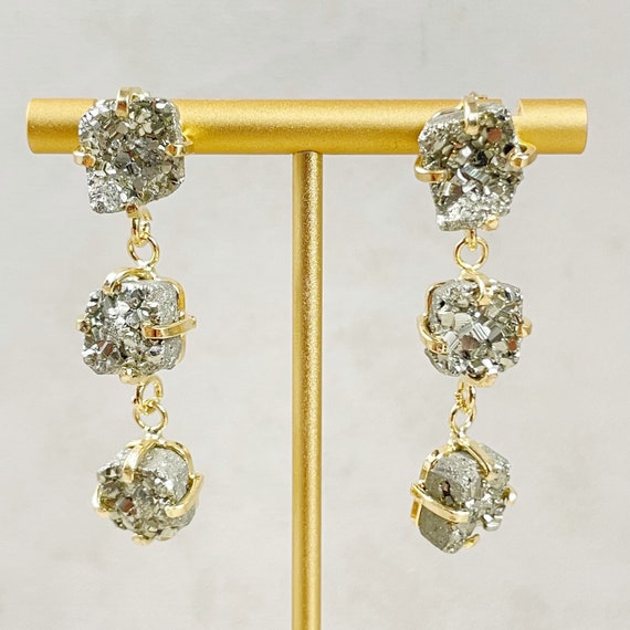 Gold Triple Drop Pyrite Stud Earrings (EPJ-EA13-1)