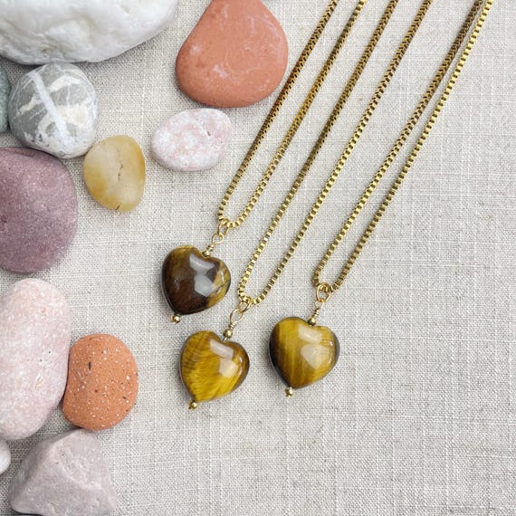 Tiger Eye Heart Bead Pendant Gold Necklace (EPJ-N3AA10-TE)