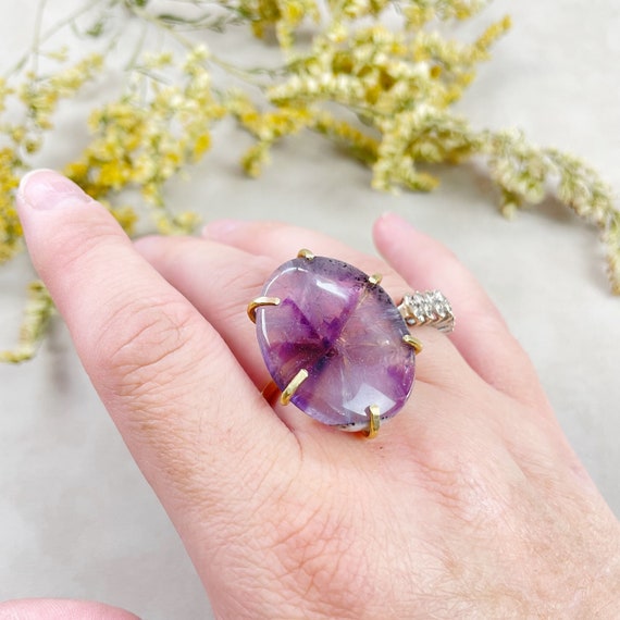 Raw Brass Star Amethyst Gemstone Crystal Ring (EPJ-RB10-8)