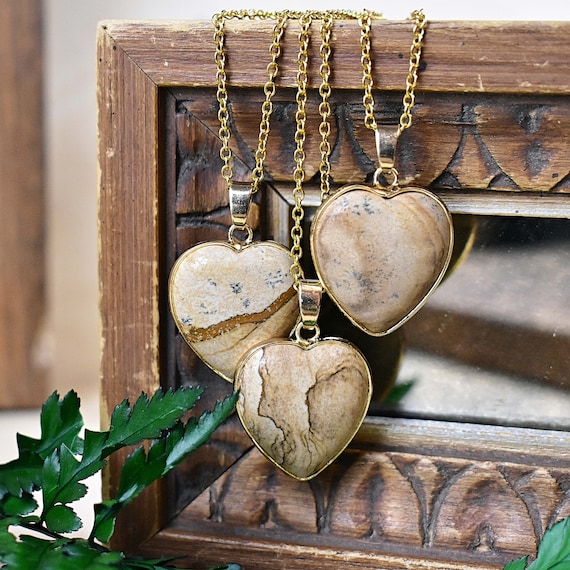 Large Picture Jasper Heart Necklace, Gold Gemstone Necklace, Layering Statement Necklace (EPJ-NW20BAA14)