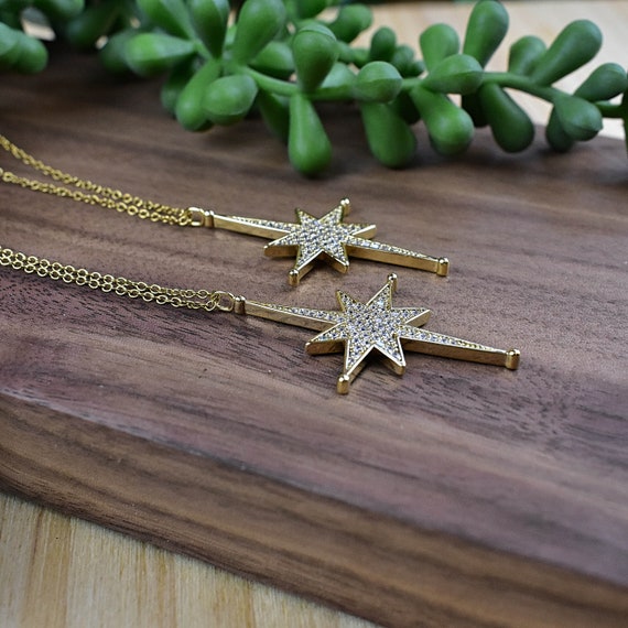 Large North Star Cz Crystal Charm Necklace, Gold Layering Pendant Necklace, Layering Delicate Charm Necklace (EPJ-NA20IAA12)