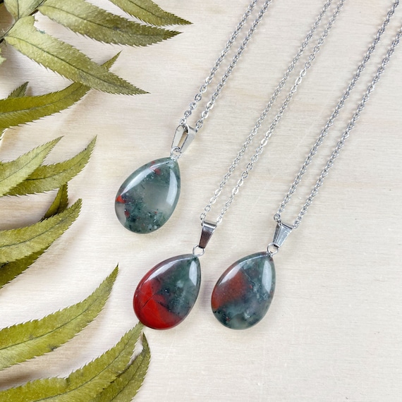 Bloodstone Jasper 16x24mm Teardrop Necklace, Silver Gemstone Necklace, Layering Statement Necklace (EPJ-N24A47)